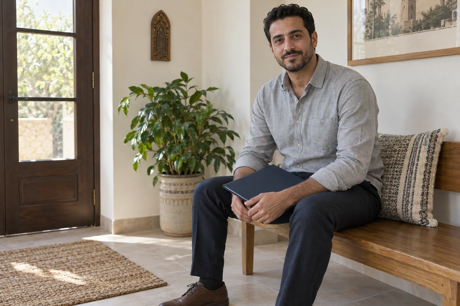 رجل بقميص رمادي يجلس على مقعد خشبي ويحمل ملفًا أزرق مغلقًا في مدخل منزل مضاء طبيعيًا.