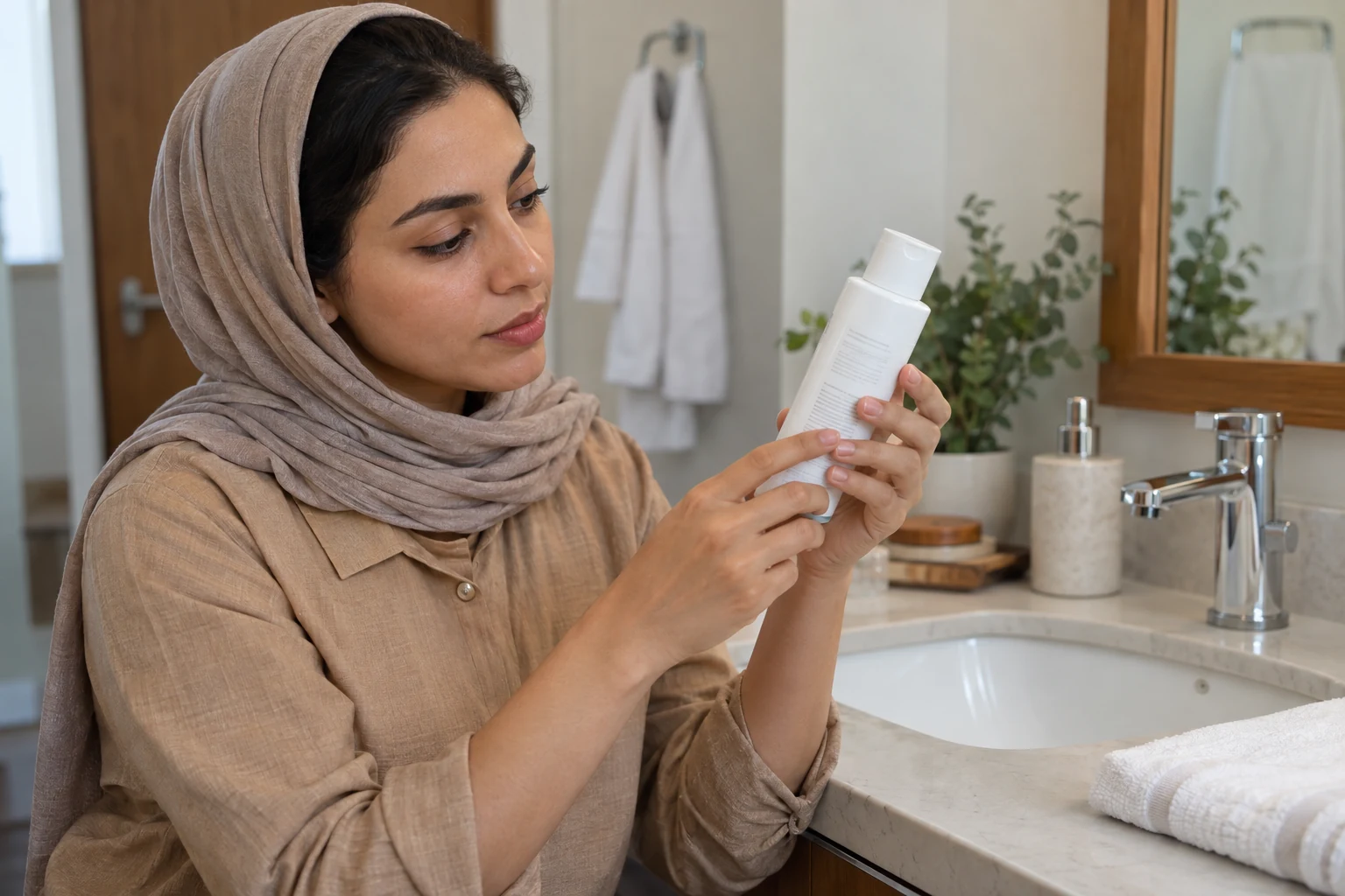 امرأة تتفحص عبوة بيضاء قرب حوض في حمام منزلي.