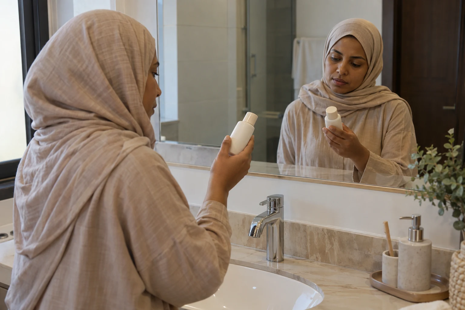 امرأة تنظر إلى عبوة عناية غير مسماة أمام مرآة حمام مضاء بضوء طبيعي.