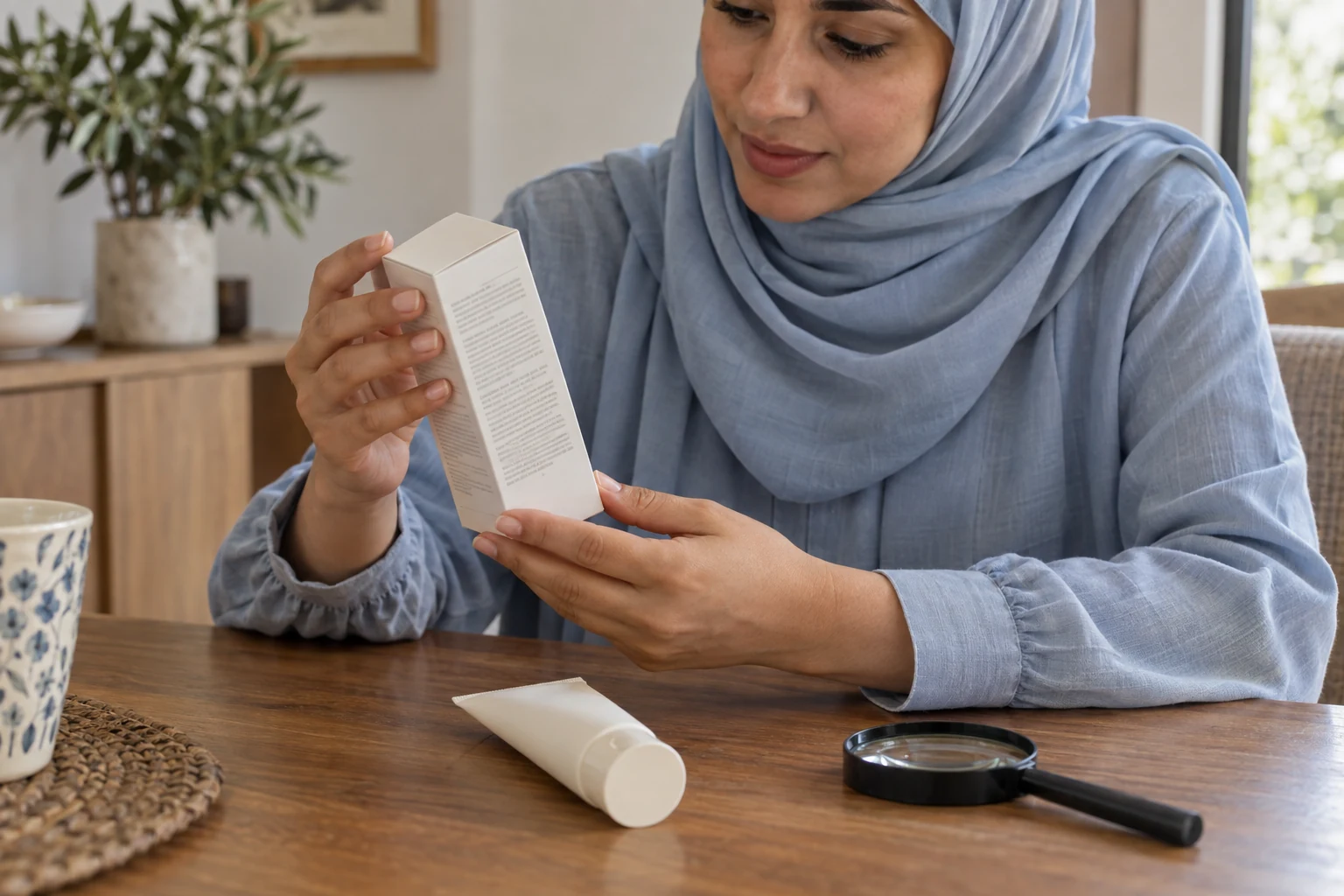 امرأة تقرأ ظهر علبة عناية، وبجوارها أنبوب مغلق وعدسة مكبرة على طاولة.
