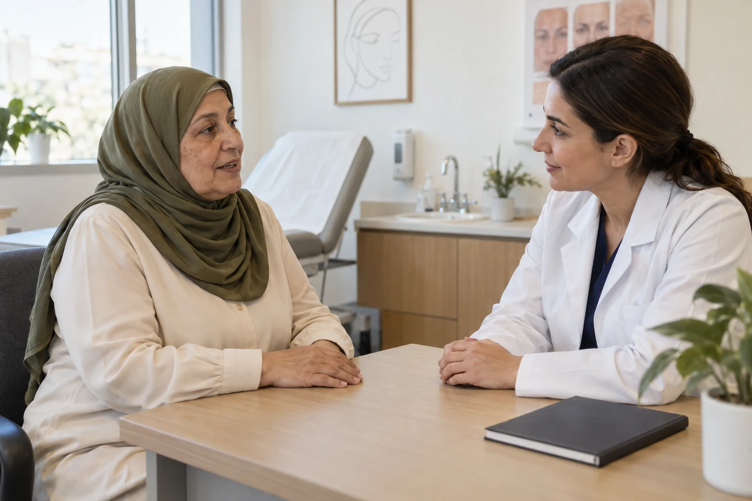 امرأة أكبر سنًا تتحدث مع طبيبة على مكتب في غرفة استشارة، وبجوارهما دفتر مغلق.