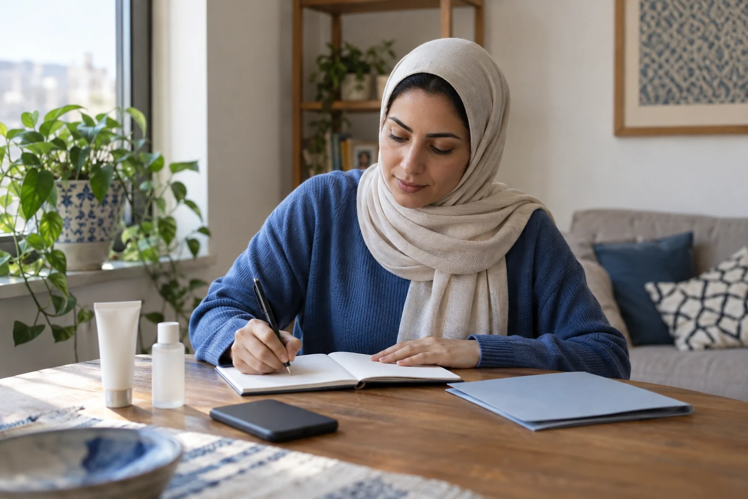 امرأة تكتب في دفتر على طاولة بجانب عبوتين مغلقتين وهاتف وملف.