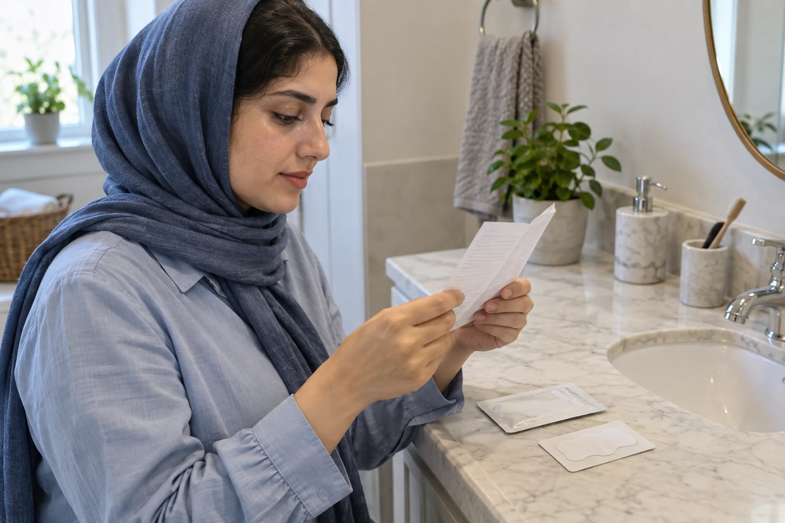 سيدة تقرأ ورقة تعليمات قرب المغسلة، وأمامها كيس وشريط أنف غير مستخدم على غلافه.