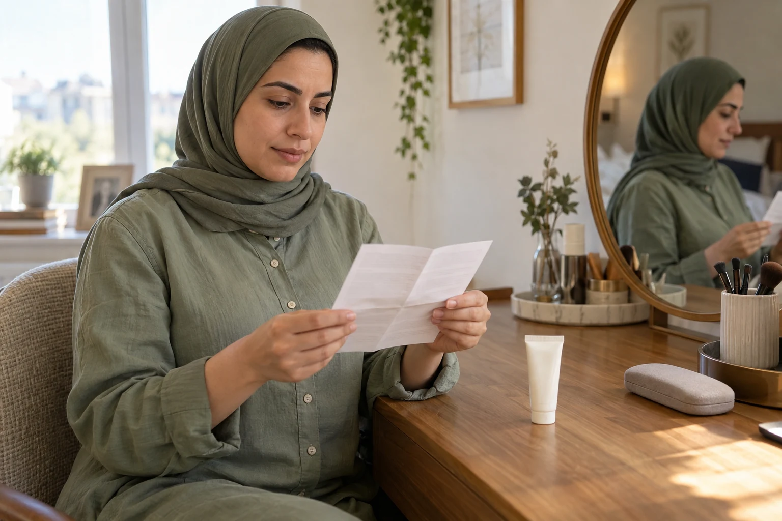 امرأة بحجاب زيتوني تقرأ نشرة قرب أنبوب مغلق وعلبة نظارة على طاولة، بعيدًا عن عينيها.
