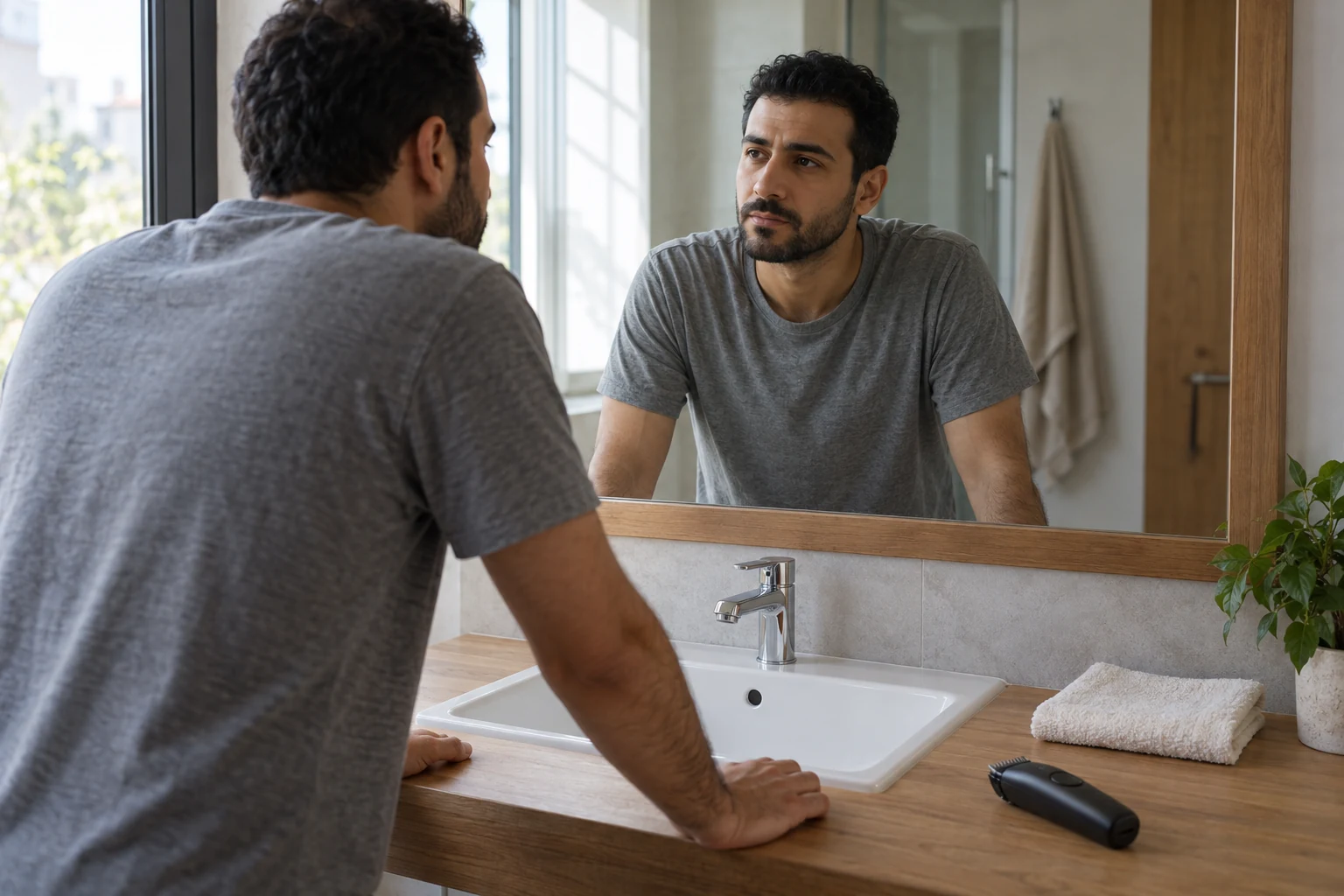 رجل ينظر إلى وجهه في مرآة حمام، وأداة تشذيب ومنشفة على المنضدة.