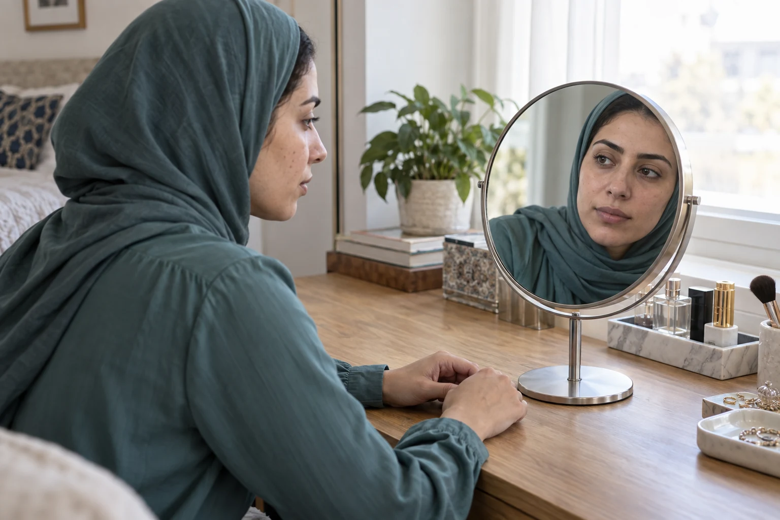 امرأة بغطاء رأس بلون أخضر مزرق تنظر في مرآة على طاولة، ويداها بعيدتان عن الوجه.