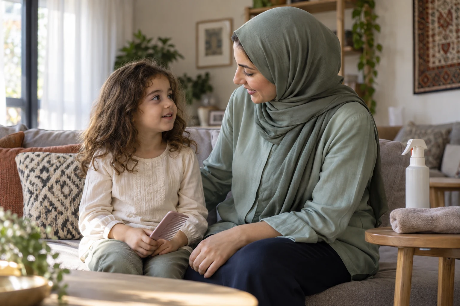 أم وطفلتها تتحدثان على أريكة؛ تمسك الطفلة مشطًا ورديًا قرب حجرها.
