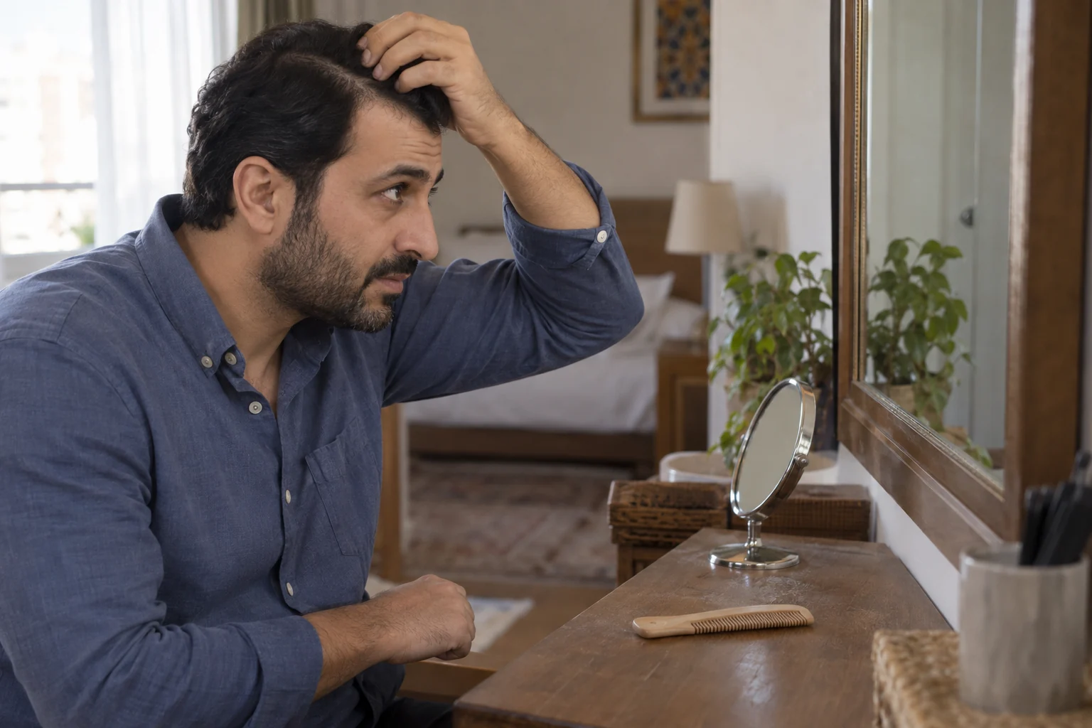 رجل يفصل شعره بأصابعه أمام مرآة منزلية، وعلى الطاولة مشط ومرآة صغيرة.