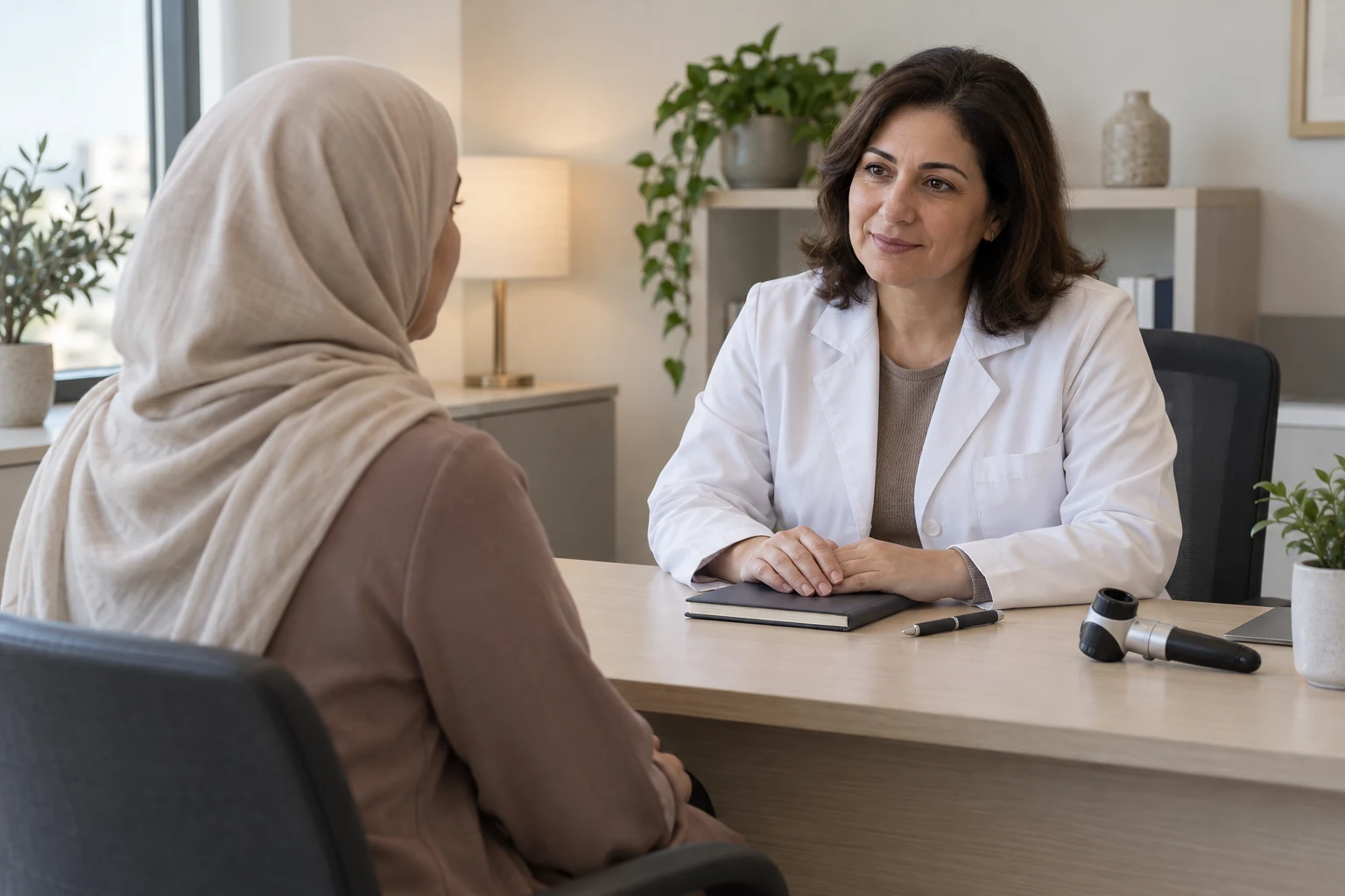امرأة بغطاء رأس تجلس مقابل امرأة بمعطف أبيض، وعلى المكتب دفتر مغلق وقلم وأداة يدوية.