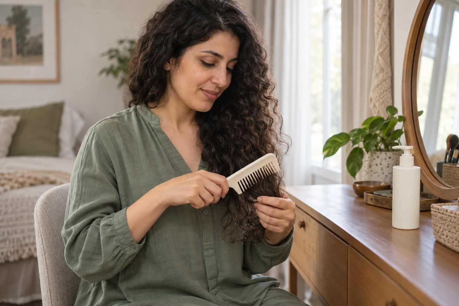 امرأة بقميص أخضر تمسك خصل شعرها المجعد ومشطًا فاتحًا قرب الأطراف بجانب طاولة ومرآة.