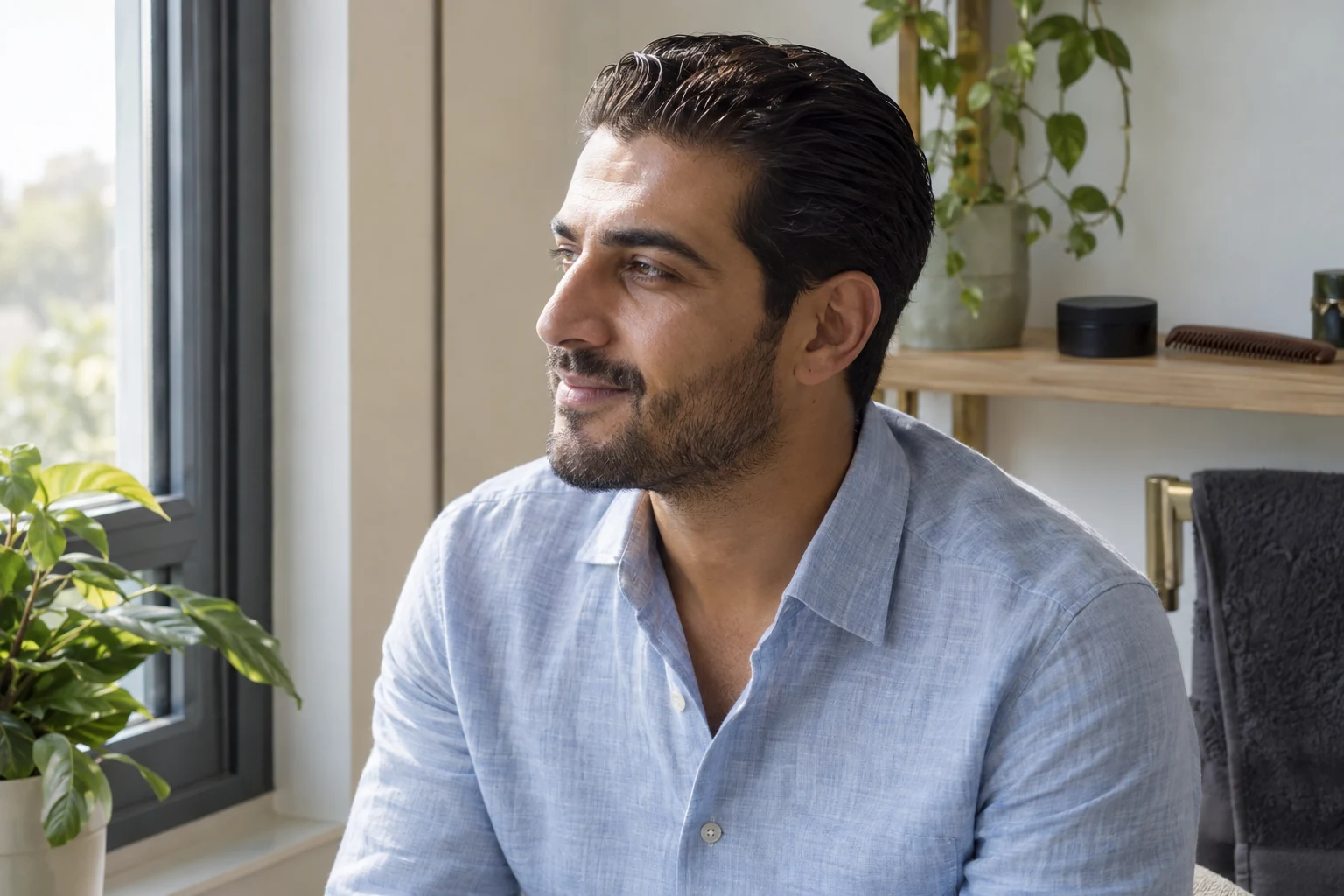 رجل تخيلي بشعر داكن مصفف للخلف ولمعان معتدل، يجلس قرب نافذة في مكان عناية منزلي.