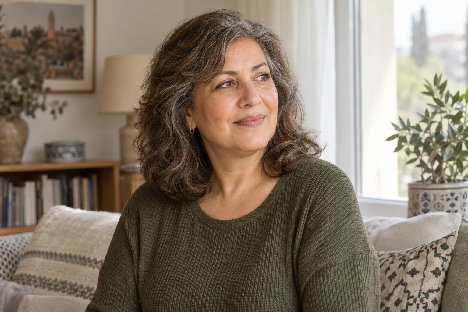 امرأة تخيلية بشعر بني متموج تتخلله خصل فضية، ترتدي كنزة زيتونية قرب نافذة في غرفة منزلية.