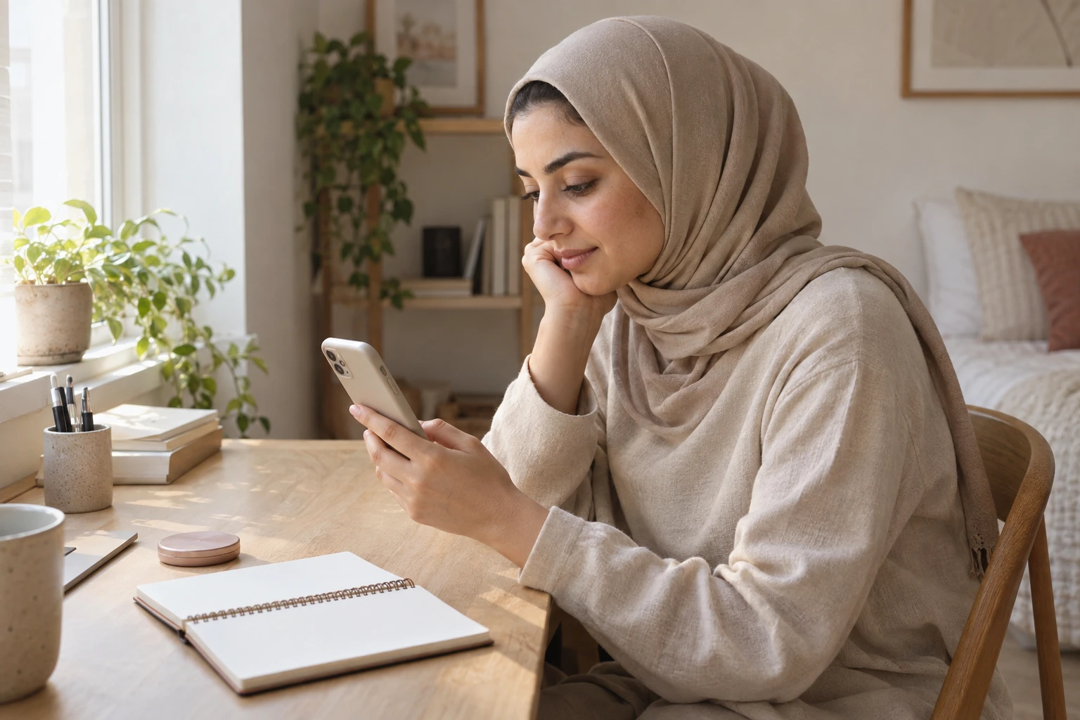 امرأة تنظر إلى هاتفها عند طاولة عليها دفتر مفتوح وعلبة مغلقة، دون ظهور شاشة الهاتف.