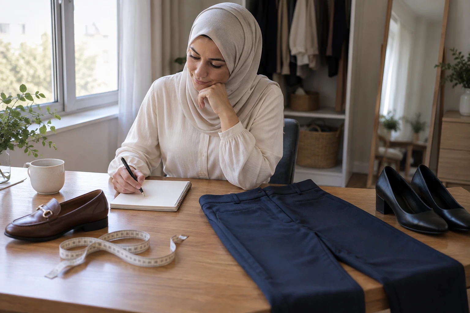 امرأة ببلوزة فاتحة تكتب في دفتر قرب بنطال داكن وأحذية وشريط قياس على طاولة.