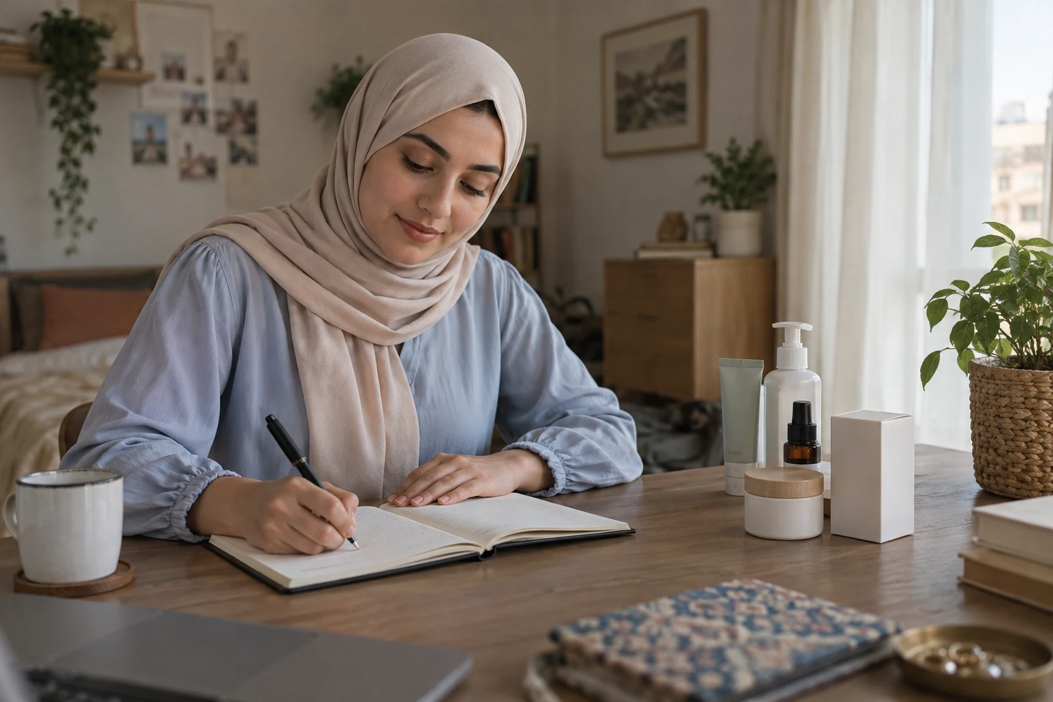 امرأة ببلوزة زرقاء فاتحة تكتب في دفتر بجانب عبوات غير مسماة على طاولة منزلية.