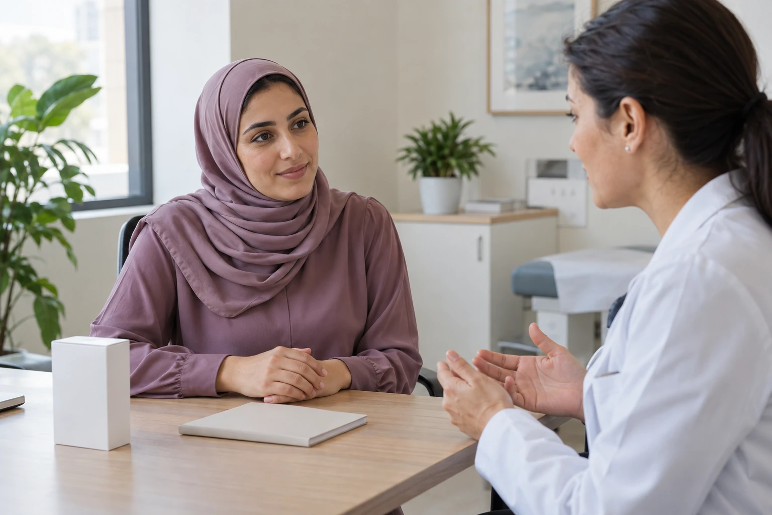 امرأة بملابس موف تتحدث مع طبيبة أمام دفتر مغلق وعلبة بيضاء غير مسماة.