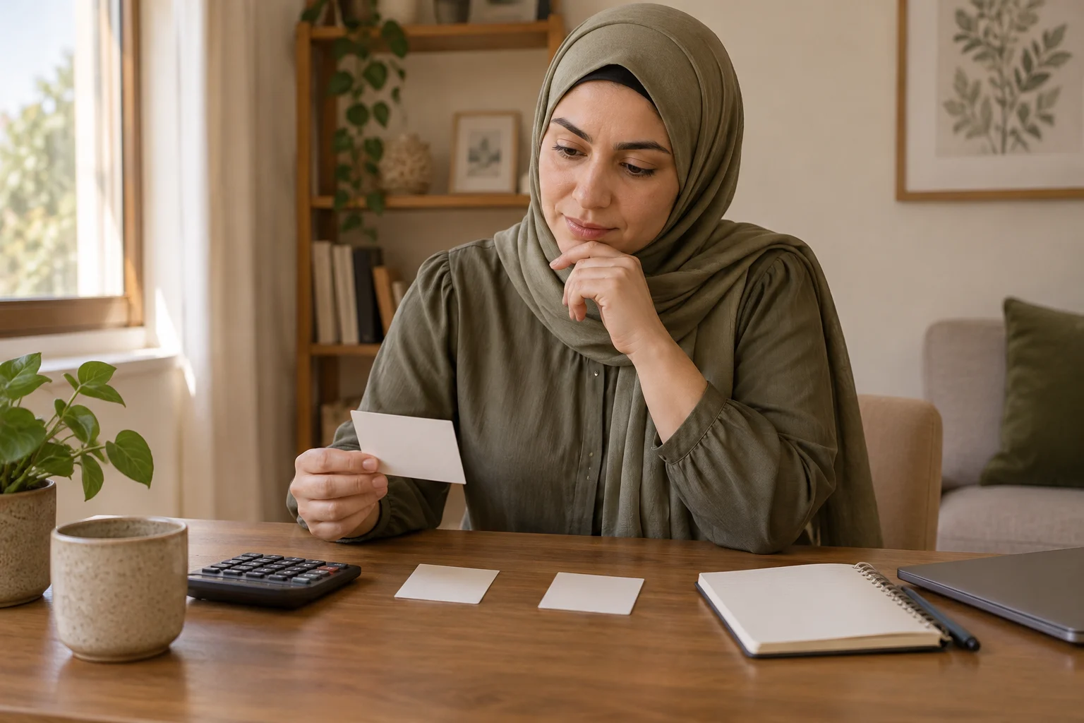امرأة بالغة تراجع ثلاث بطاقات فارغة بجوار آلة حاسبة ودفتر وحاسوب مغلق في مكتب منزلي خيالي.