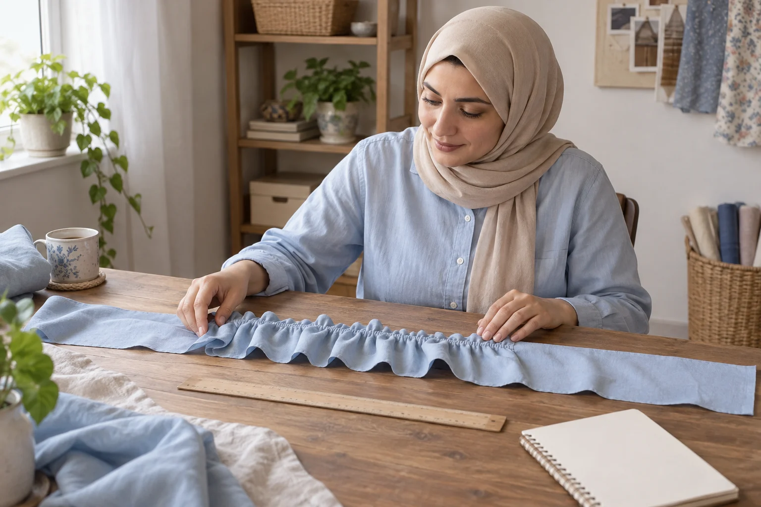 امرأة بالغة قرب شريط قماش أزرق فيه جزء مكشكش على طاولة أشغال خيالية مع دفتر فارغ ومسطرة.