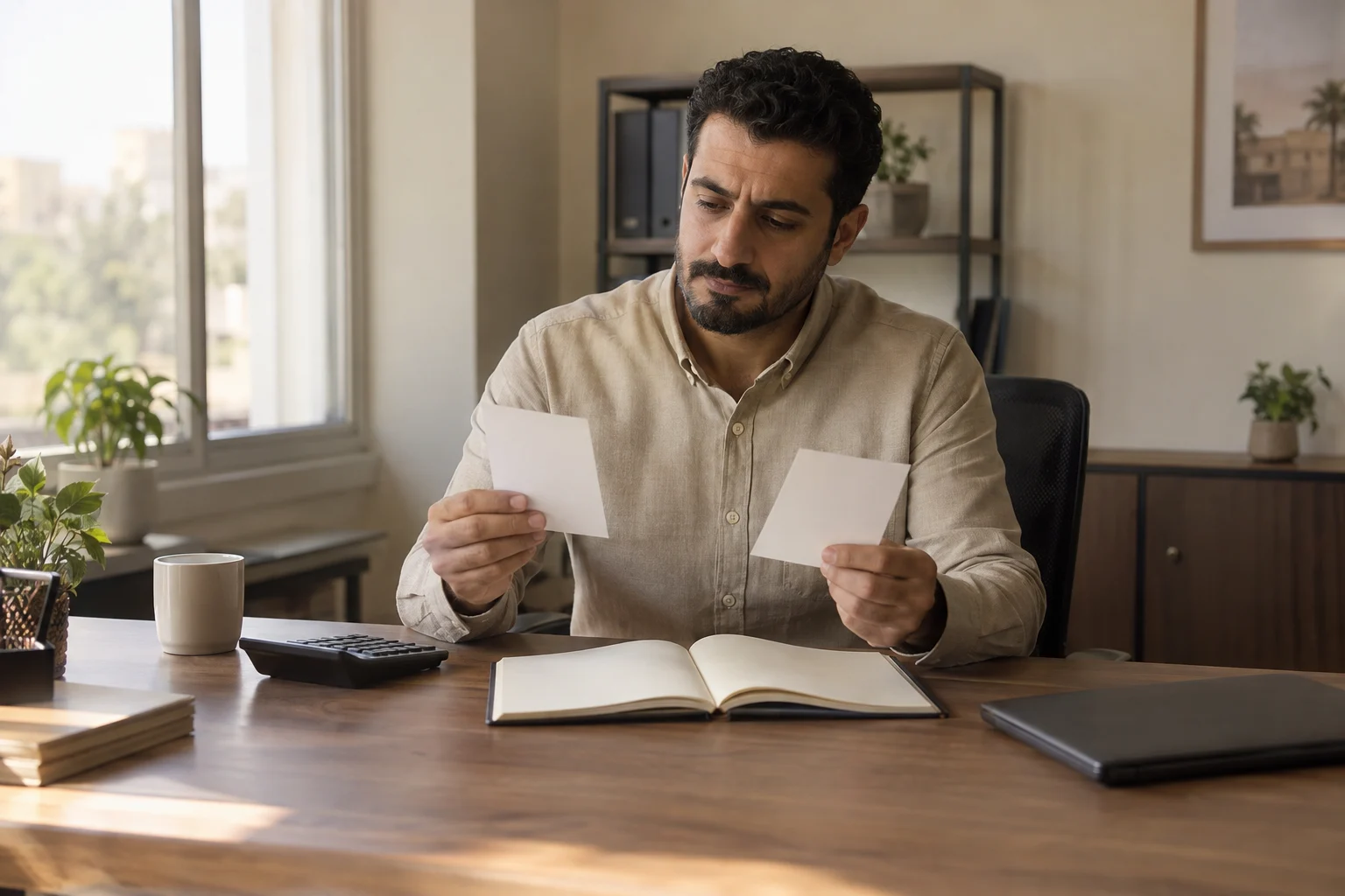 رجل بالغ في مكتب خيالي يراجع ورقتين فارغتين بجوار دفتر وآلة حاسبة.