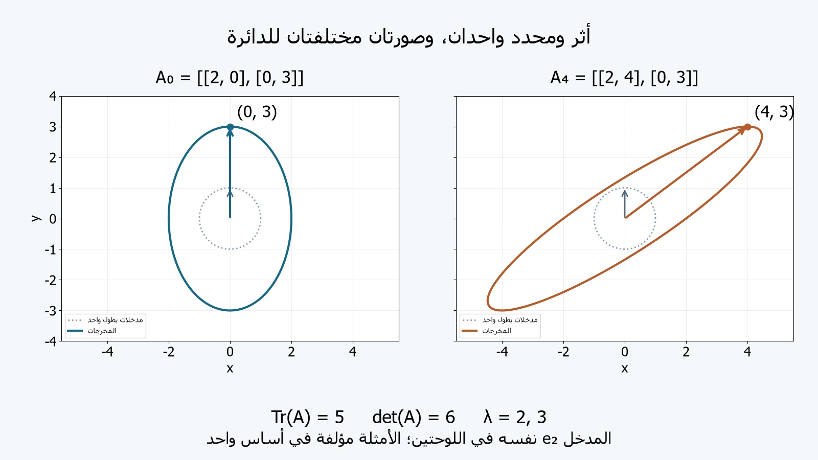 لوحتان أصليتان لصورة دائرة مدخلات وحدية تحت[[2,0],[0,3]] و[[2,4],[0,3]]، مع مخرجe2=(0,1) إلى(0,3) وإلى(4,3).