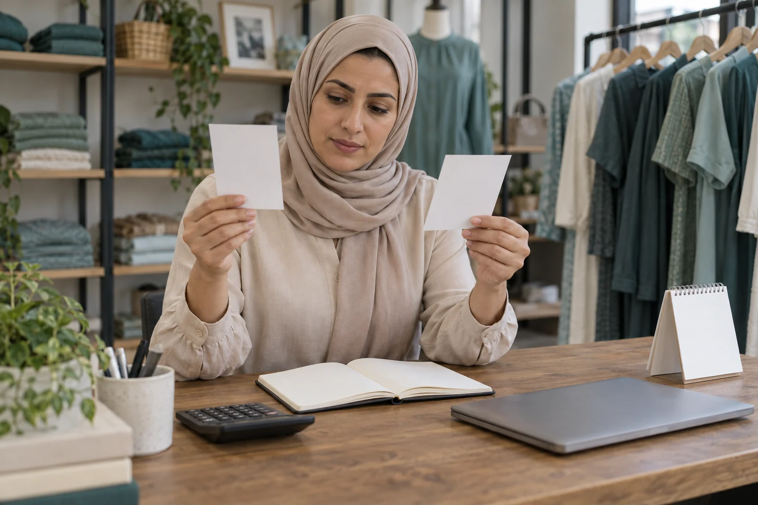 امرأة بالغة في مكتب متجر خيالي تقارن بطاقتين فارغتين بجوار دفتر وتقويم بلا تواريخ.
