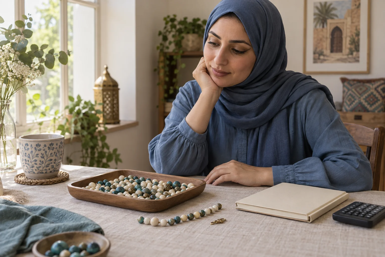 امرأة بالغة في مشهد تخطيط حلي خيالي أمام حبات خرز وصف قصير ومشبك منفصل.
