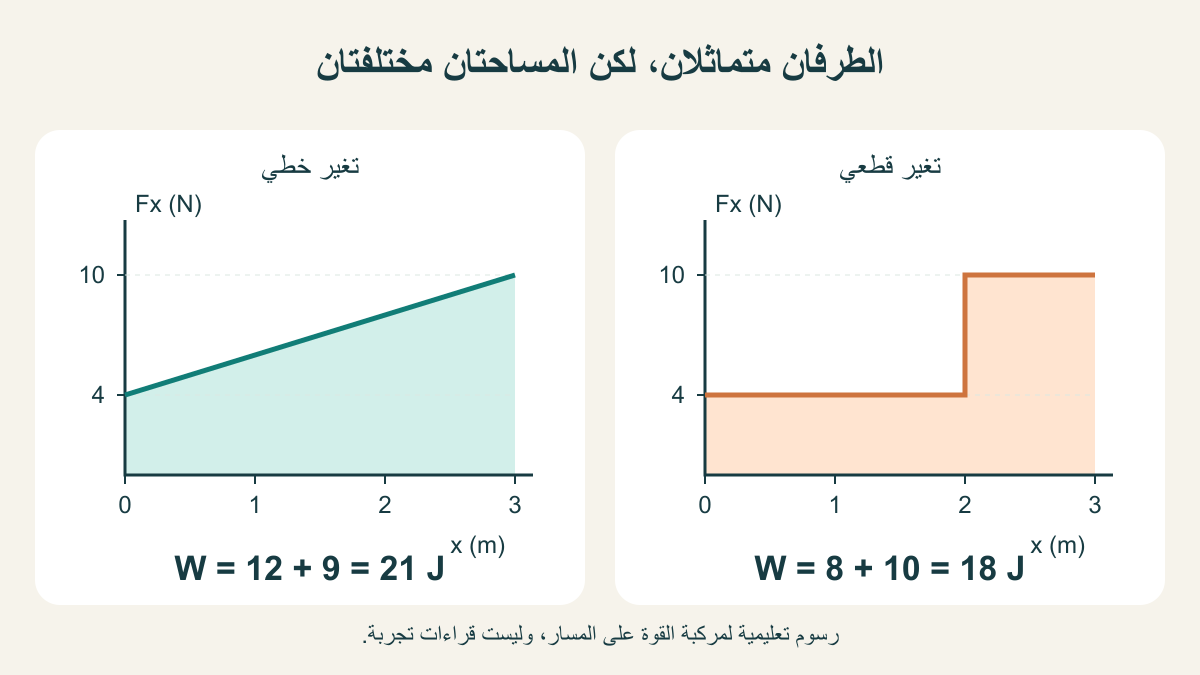 رسمان أصليان لمركبة قوة تبدأ4 وتنتهي10 نيوتن خلال3 م؛ المساحة21 جولًا في الخطي و18 في القطعي