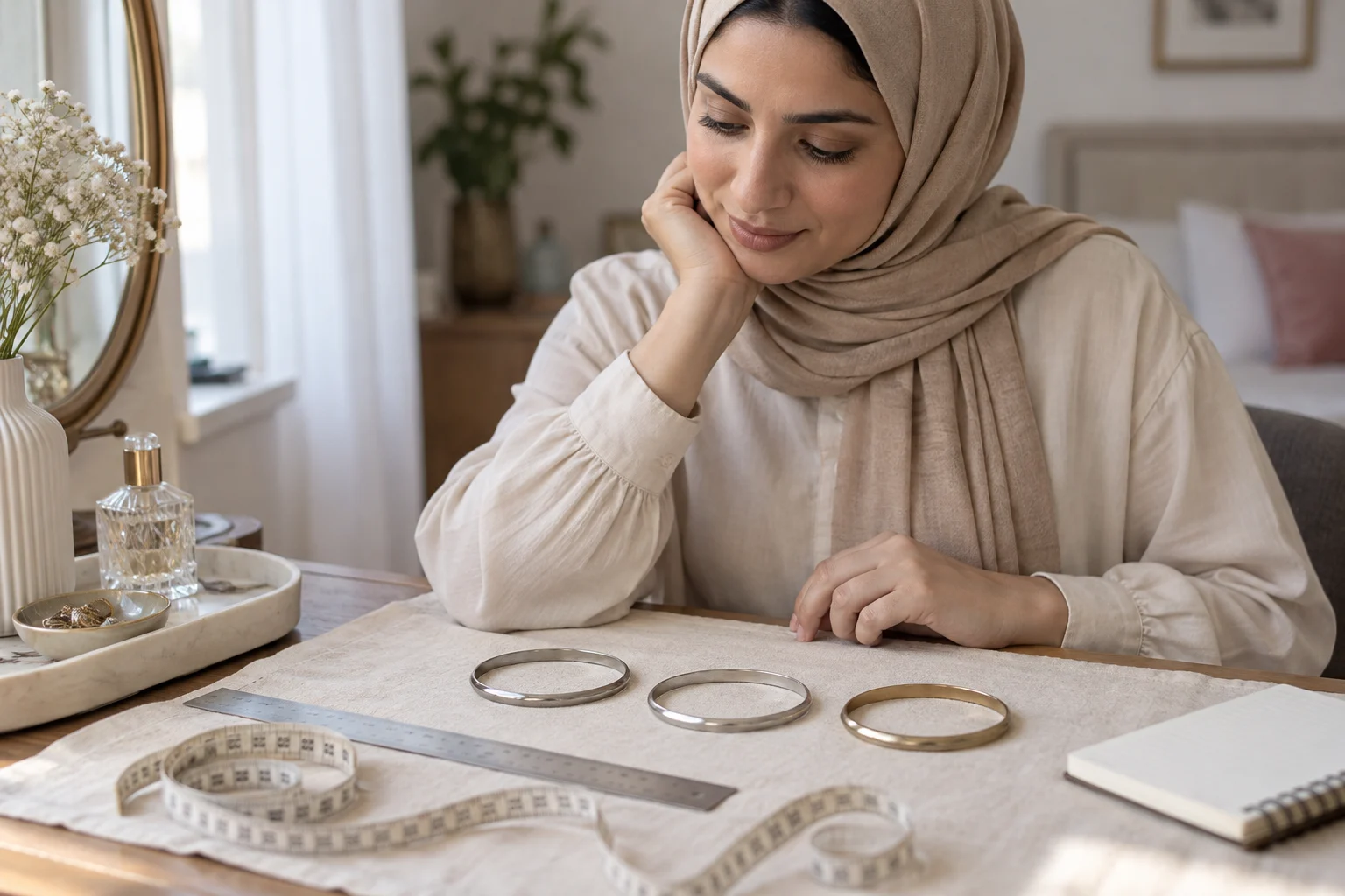 امرأة بالغة قرب ثلاث حلقات صلبة مغلقة على طاولة وشريط قياس ومسطرة في مشهد منزلي خيالي.