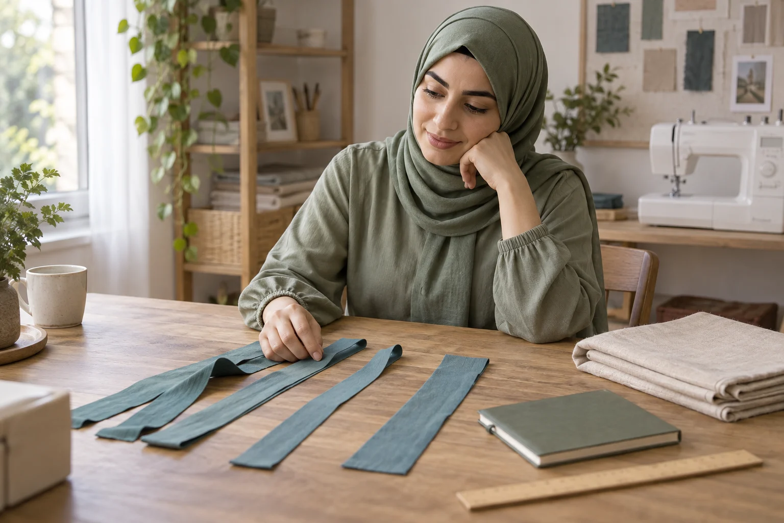 امرأة بالغة في مشهد خياطة خيالي أمام شرائط قماش ومسطرة بلا أرقام واضحة.