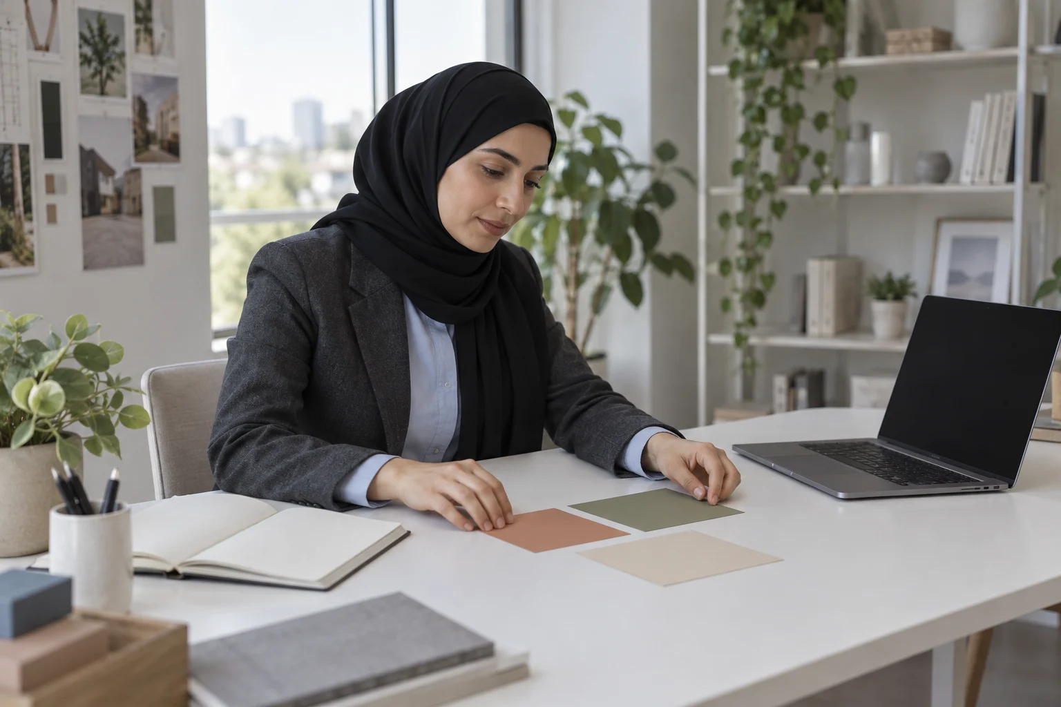 امرأة بالغة ترتب أوراقًا ملونة قرب حاسوب بشاشة مظلمة ودفتر فارغ في مكتب خيالي.