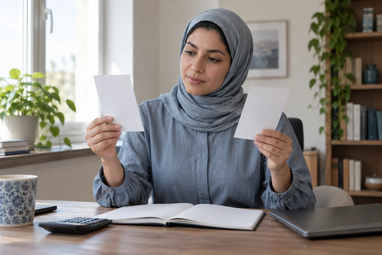 امرأة بالغة في مشهد قراءة خيالي تقارن بطاقتين فارغتين بجوار دفتر وحاسبة وحاسوب مغلق، دون علاج أو علامات قياس على الوجه.