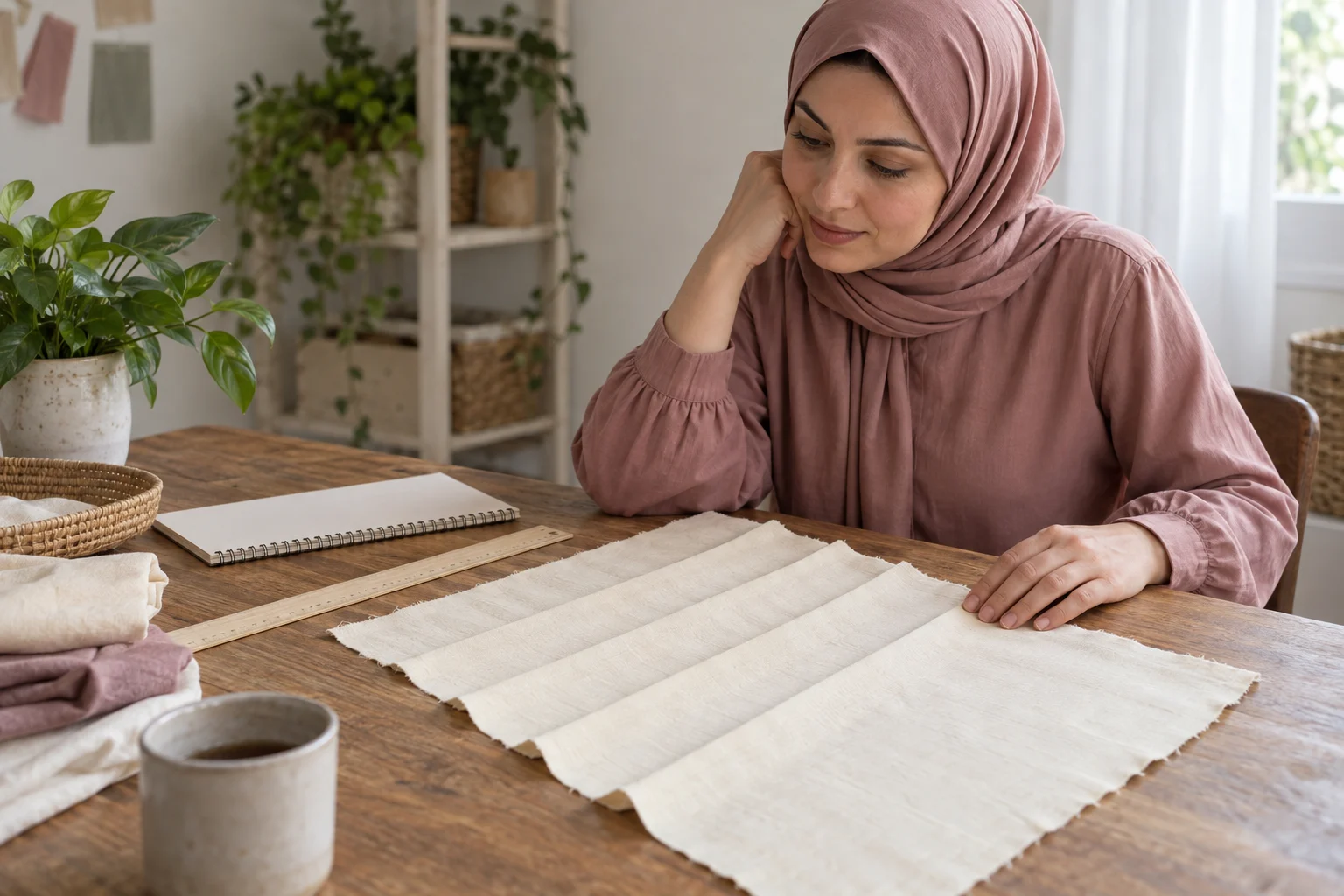 امرأة بالغة قرب عينة قماش فاتح ذات ثنيات متوازية على طاولة ودفتر فارغ ومسطرة في مشهد خيالي.