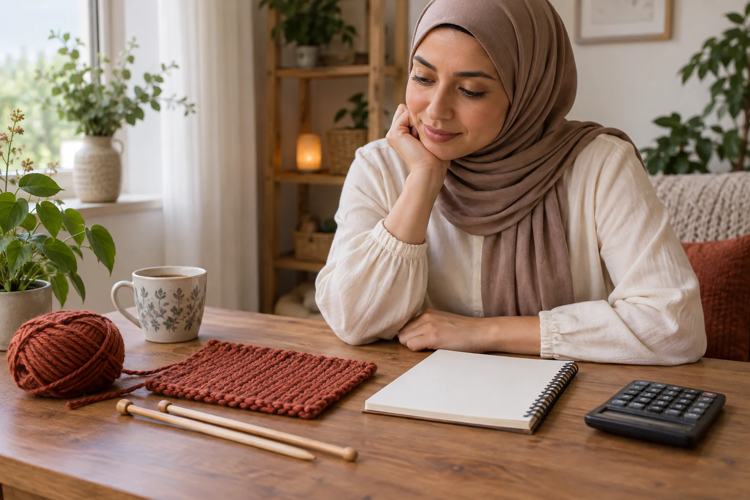 امرأة بالغة في مشهد تخطيط خيالي بجوار قطعة محاكة وخيط وإبرتين موضوعتين ودفتر فارغ وآلة حاسبة.