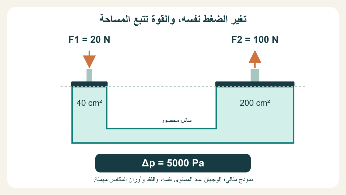 نموذج تعليمي لمكبسين مع زيادة ضغط5000 باسكال؛ مساحة40 سم² وقوة20 نيوتن مقابل مساحة200 سم² وقوة100 نيوتن