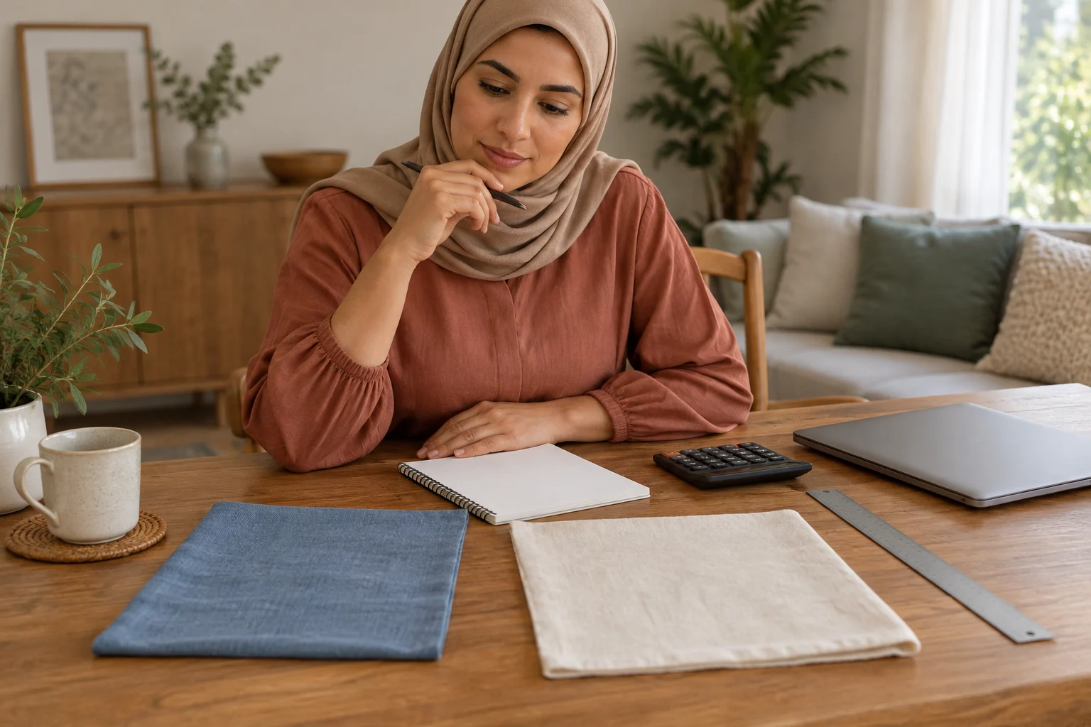 امرأة بالغة في مشهد تخطيط خيالي أمام مستطيلين من القماش ودفتر فارغ ومسطرة وآلة حاسبة.