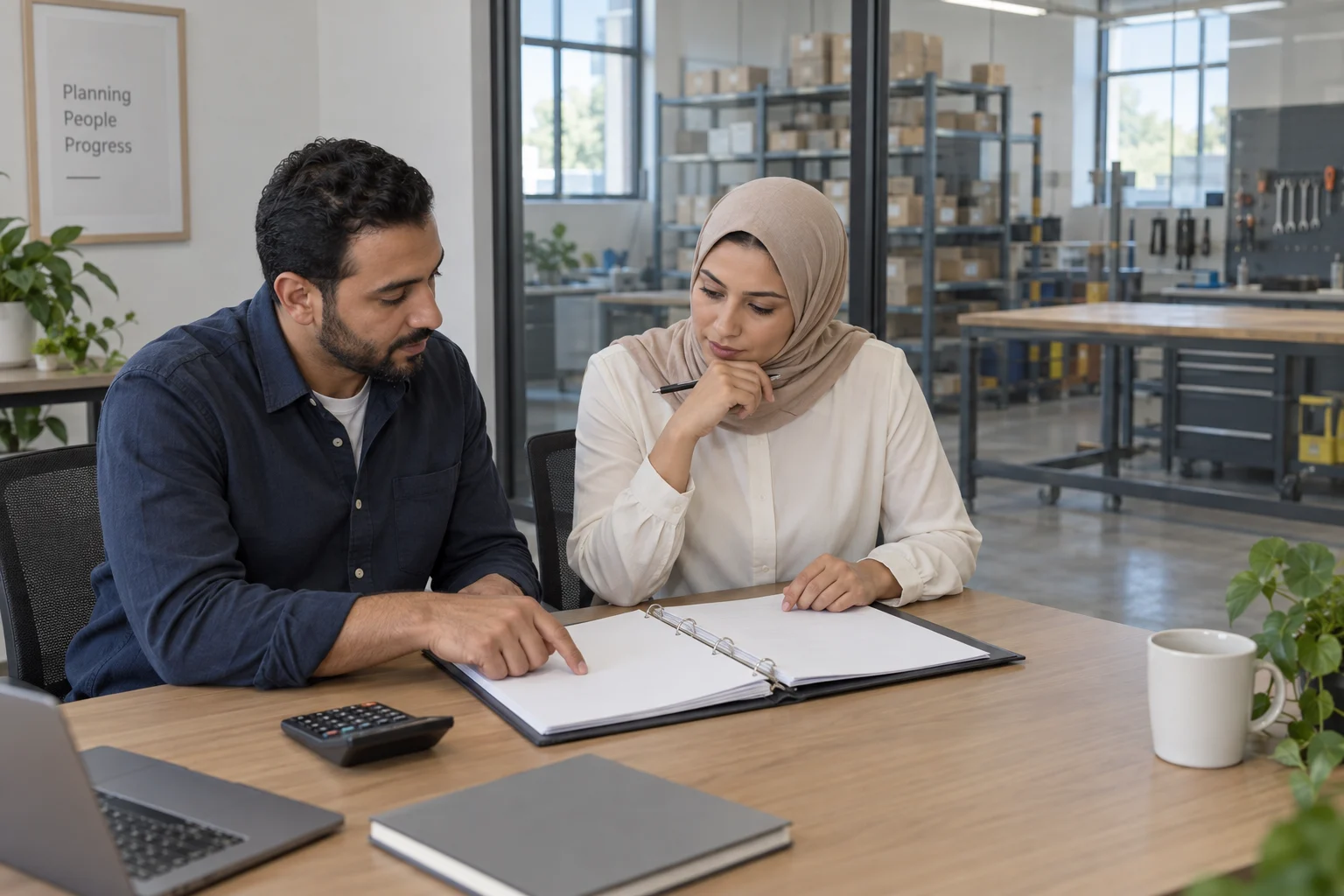 شخصان بالغان يراجعان ملفًا بأوراق فارغة قرب آلة حاسبة في مكتب خيالي بجوار ورشة.