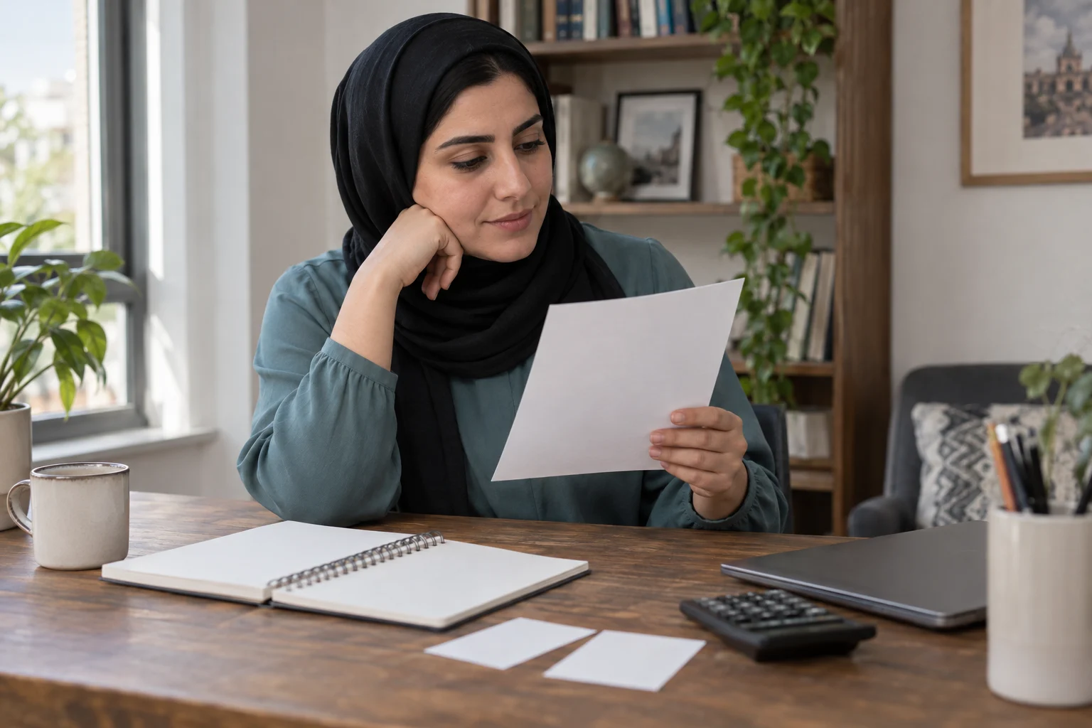 امرأة بالغة في مشهد قراءة خيالي بجوار ورق ودفتر فارغ وآلة حاسبة، دون جهاز جلد أو علاج.