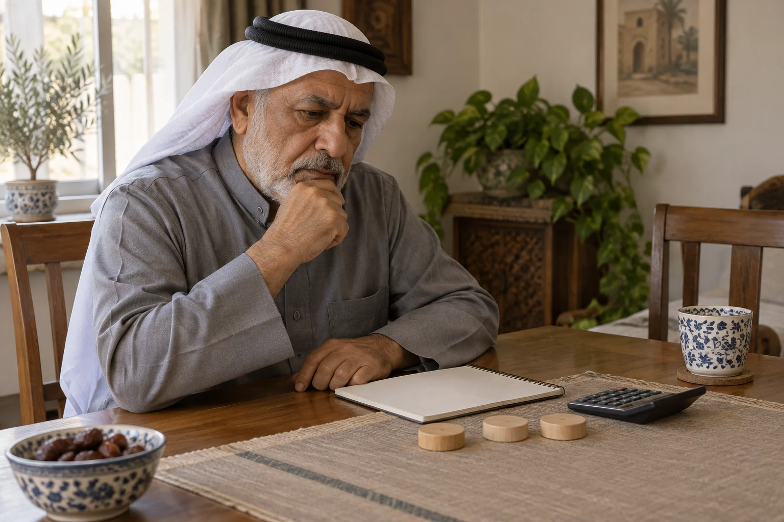 رجل بالغ كبير يجلس إلى دفتر فارغ وآلة حاسبة وثلاث قطع خشبية على طاولة منزل خيالي.