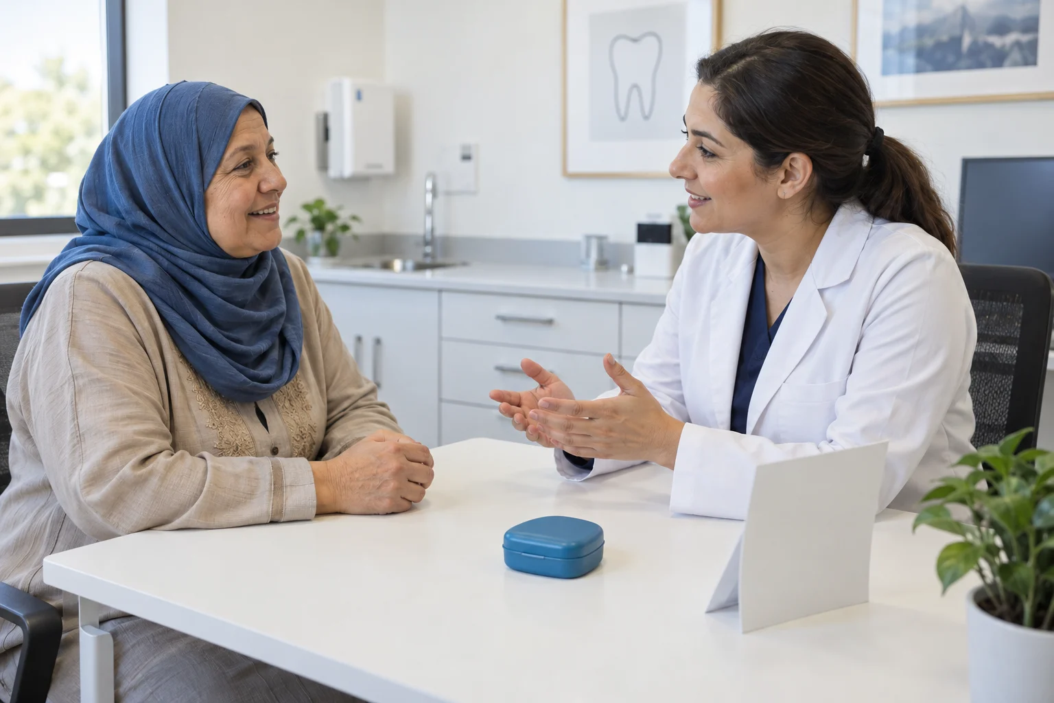 امرأة كبيرة بالغة تتحدث مع امرأة بمعطف أبيض في عيادة خيالية، قرب علبة مغلقة وورقة فارغة.