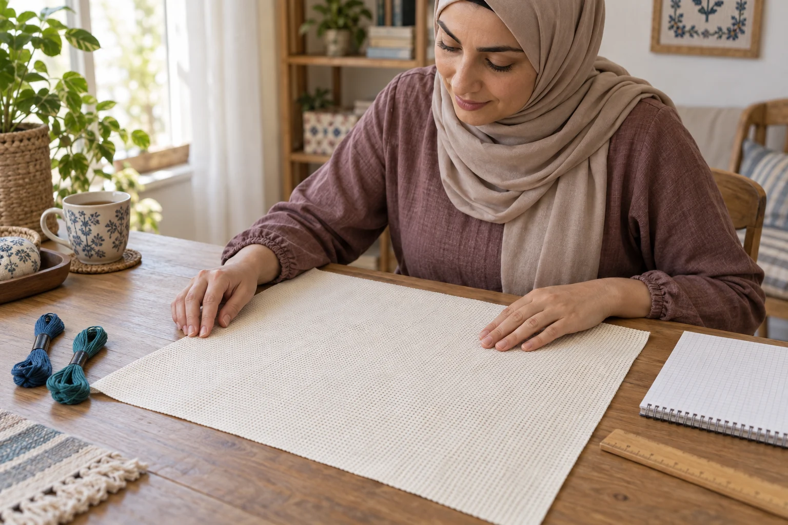 امرأة بالغة تفرد قماشًا شبكيًا فاتحًا بجوار خيوط ودفتر شبكي على طاولة أشغال خيالية.