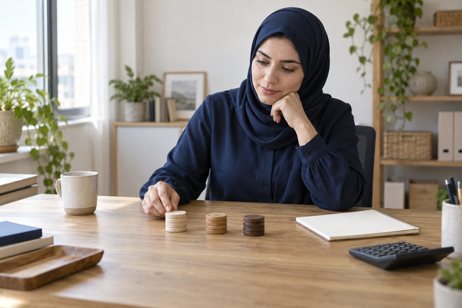 امرأة بالغة أمام دفتر فارغ وآلة حاسبة وثلاث مجموعات من قطع العد الخشبية في مكتب خيالي.