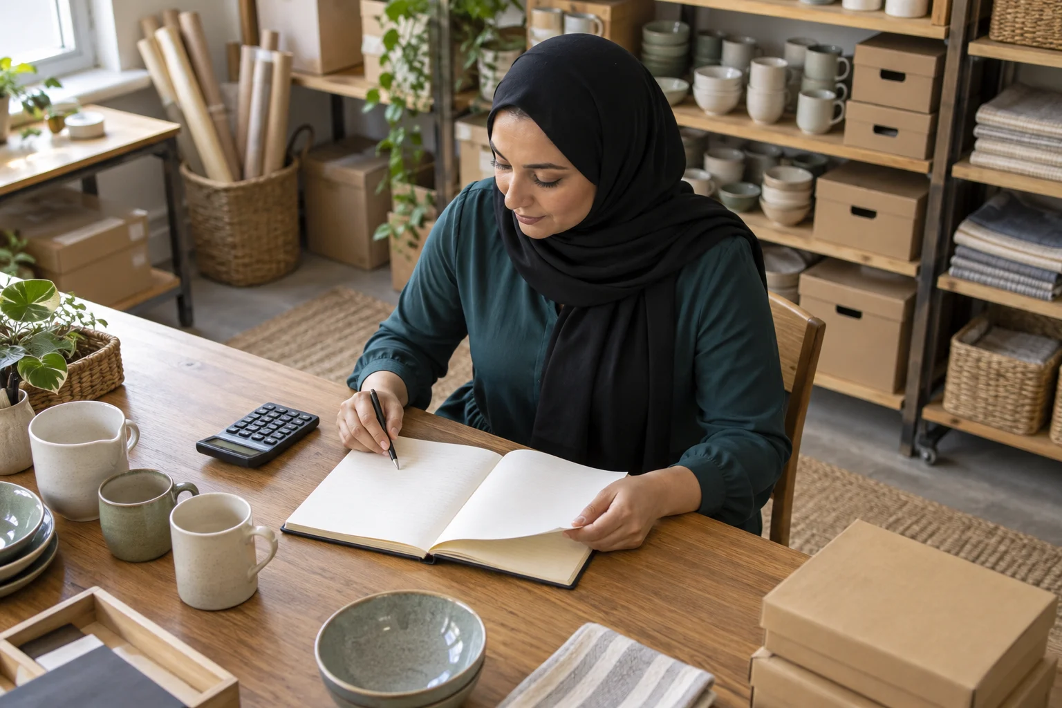 امرأة بالغة تراجع دفترًا فارغًا قرب آلة حاسبة وأكواب وصناديق في متجر خيالي.