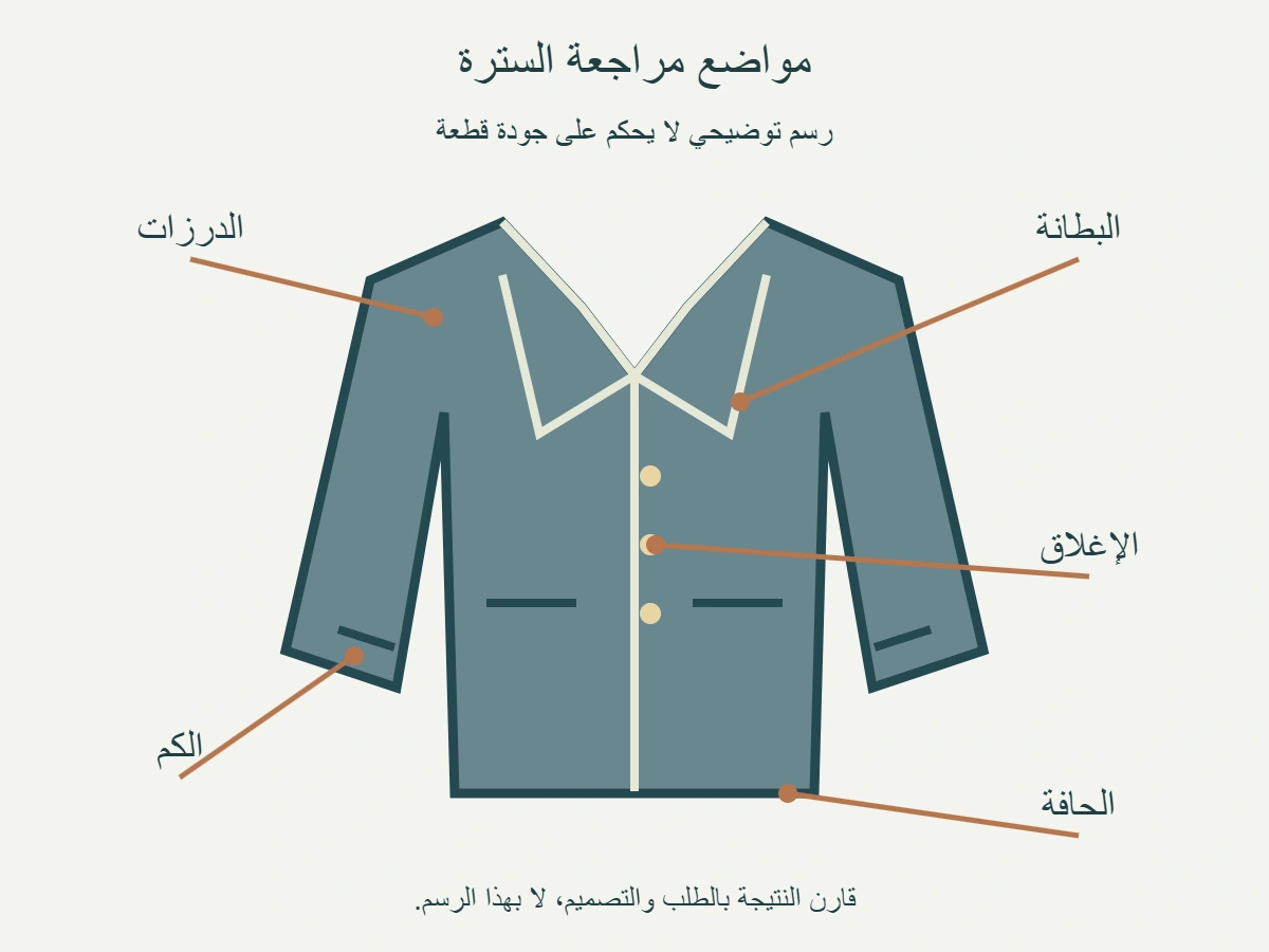 رسم توضيحي لسترة مع مواضع مراجعة الكم والبطانة والدرزات والإغلاق والحافة