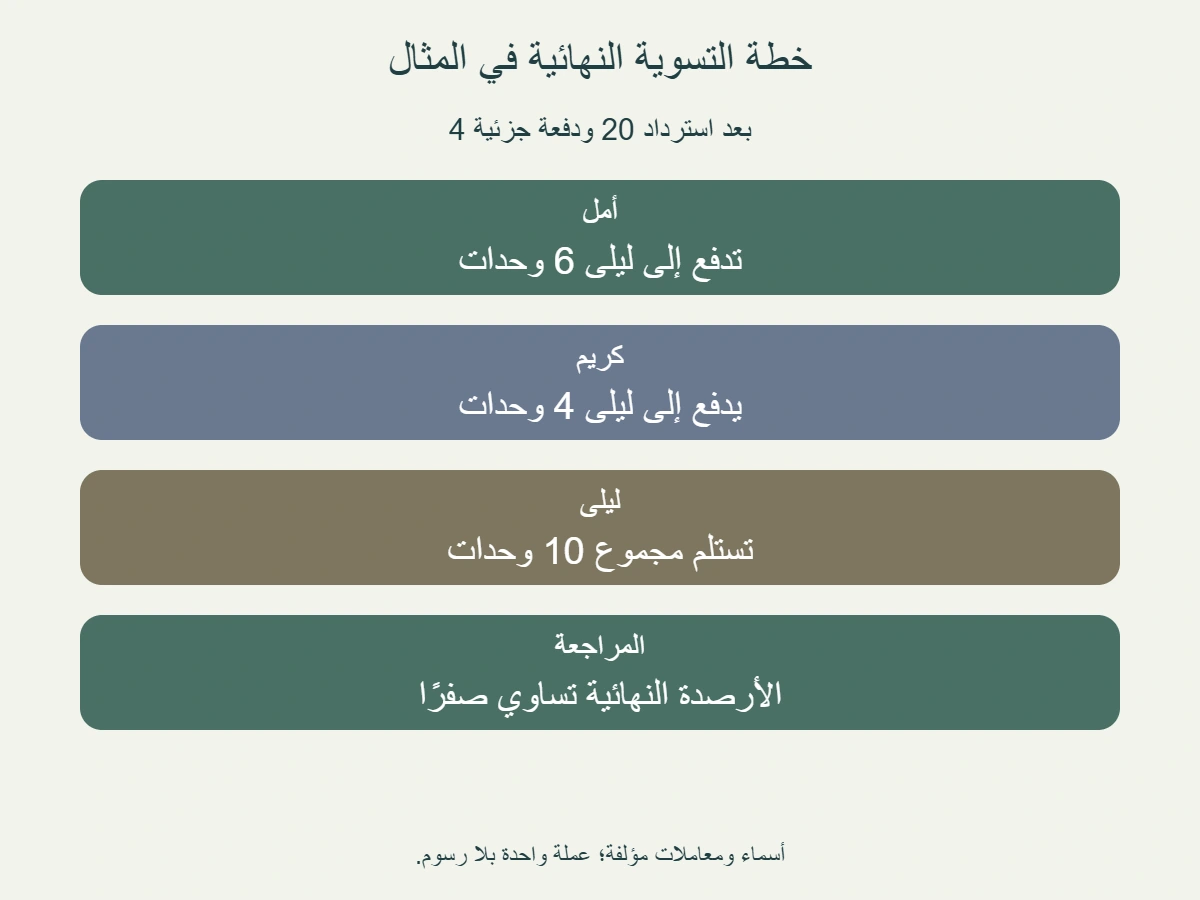 مثال خيالي بعد دفعة جزئية واسترداد: تدفع أمل 6 وحدات وكريم 4 وحدات إلى ليلى فتتوازن الأرصدة