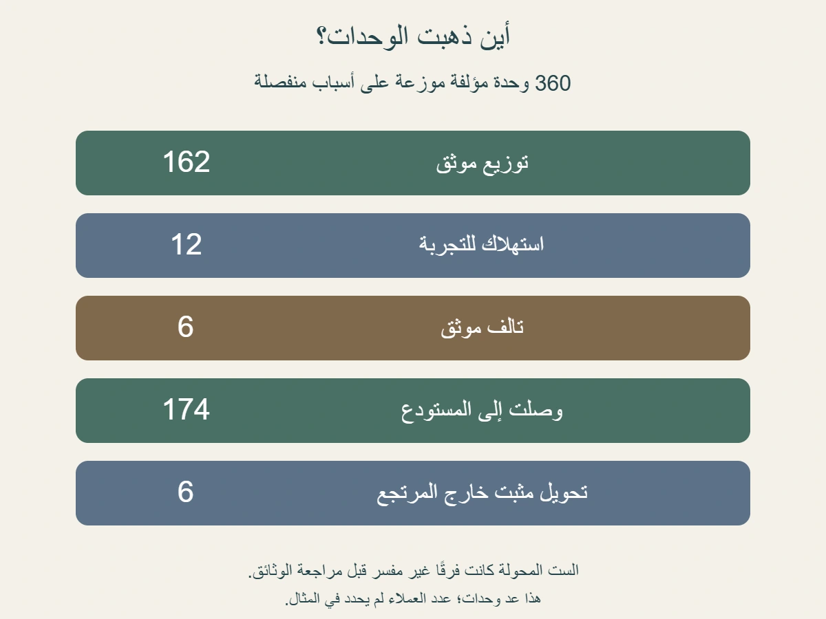 مطابقة كمية مؤلفة من 360 وحدة: 162 موزعة و12 للتجربة و6 تالفة و174 مرجعة و6 محولة موثقة