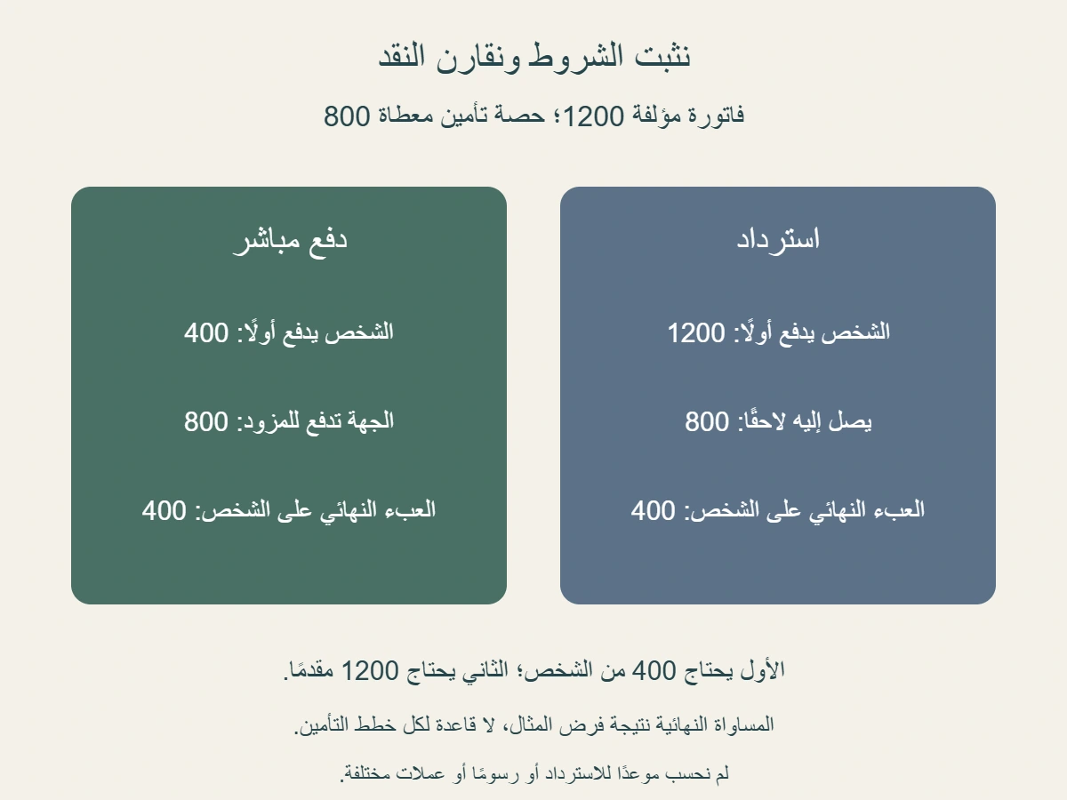 مقارنة مؤلفة لفاتورة 1200 وحصة تأمين 800: الشخص يدفع 400 مباشرة، أو يقدم 1200 ثم يسترد 800، فيبقى عليه 400 في الحالتين