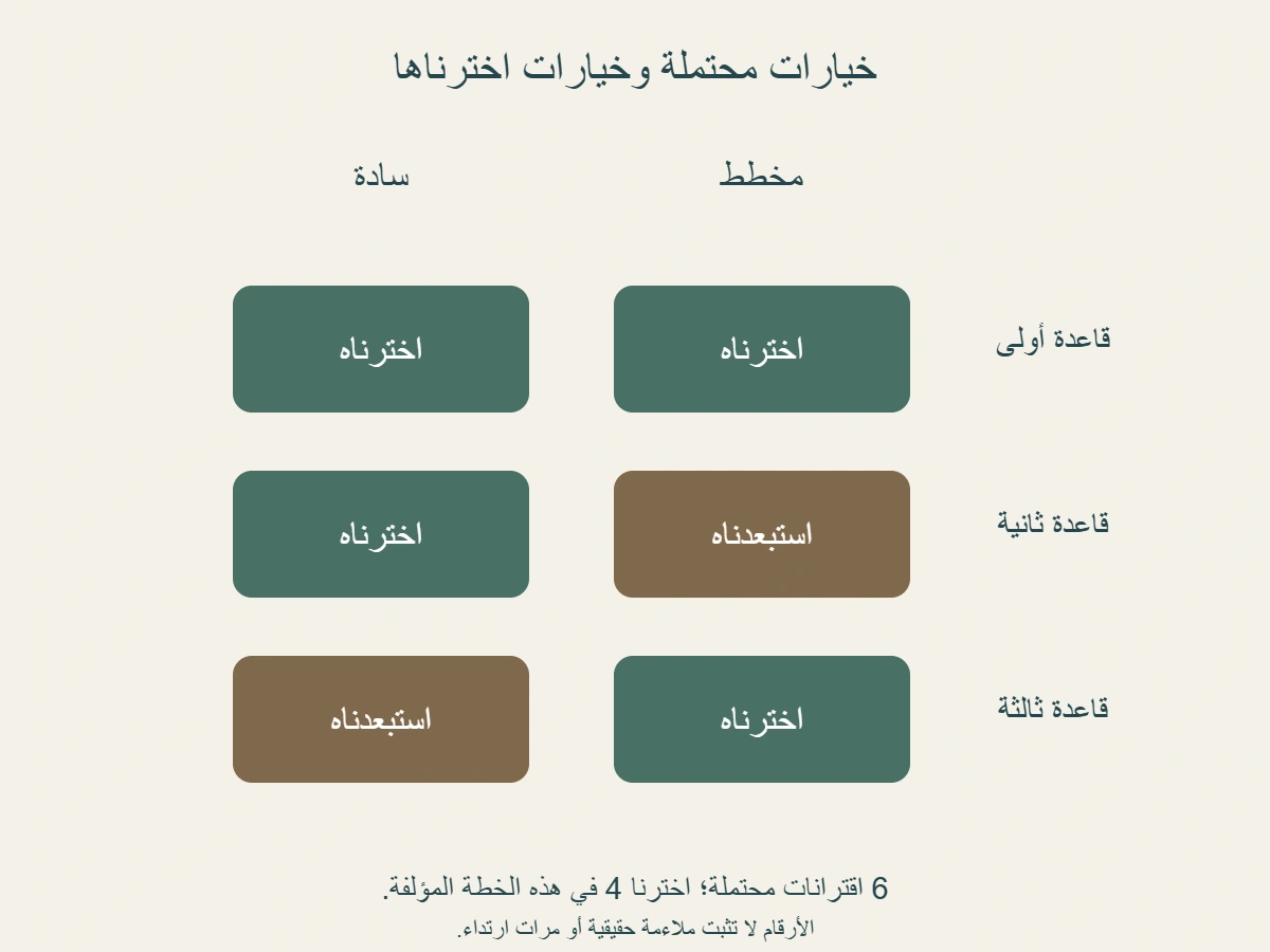 جدول مؤلف لثلاث قواعد ملابس ووجهين، ينتج ستة اقترانات محتملة؛ اختير أربعة وفق تفضيل الخطة واستبعد اثنان