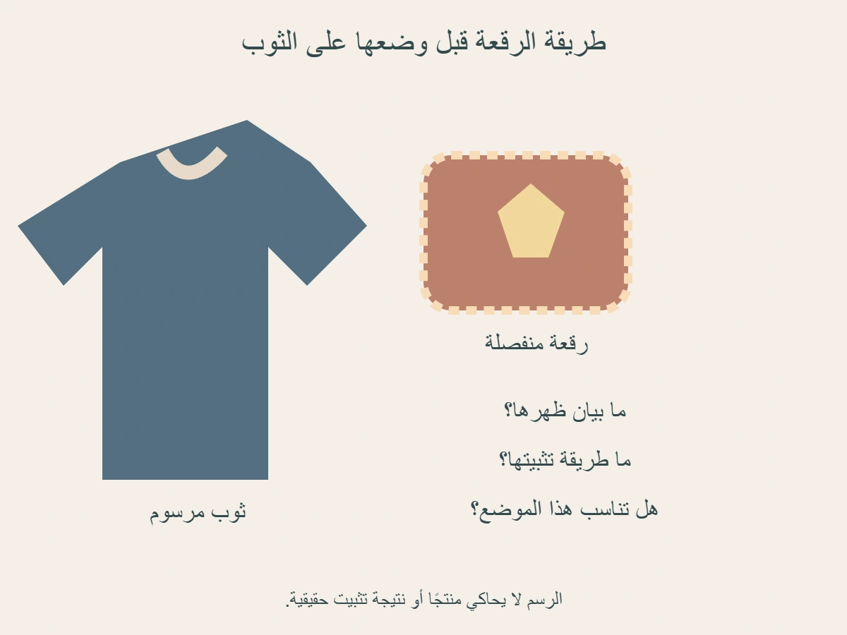 رسم أصلي لرقعة زينة منفصلة عن الثوب وثلاثة أسئلة عن ظهرها وطريقة تثبيتها وقماش موضعها