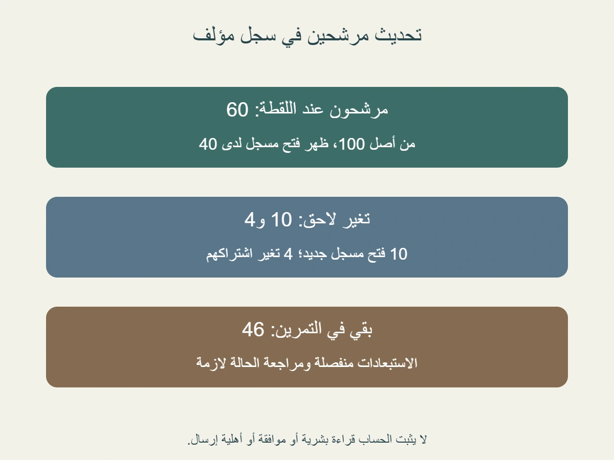 سجل مؤلف يبدأ60 مرشحًا، ويستبعد10 لإشارة فتح لاحقة و4 لاشتراك تغير، فيبقى46؛ المجموعات المستبعدة منفصلة في المثال