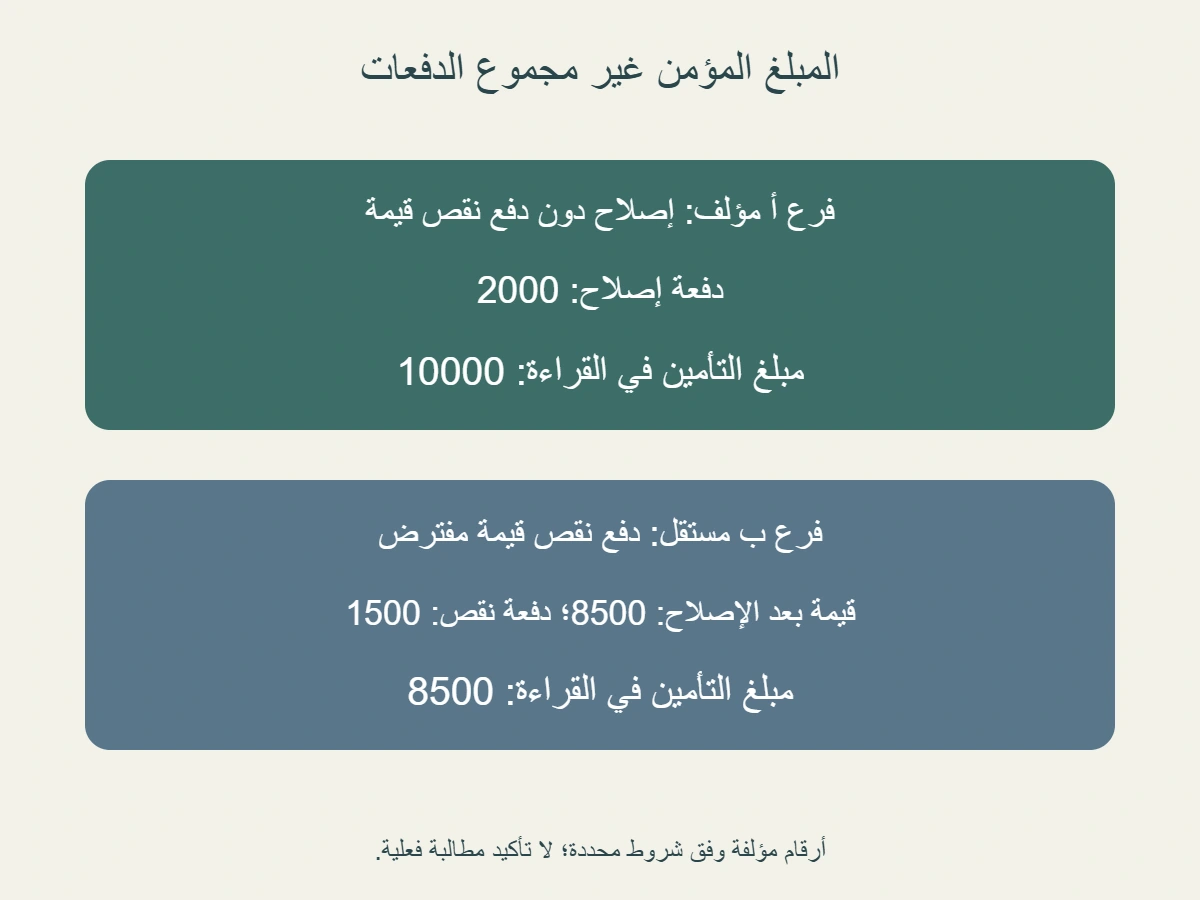 فرعان مؤلفان لآلة مؤمنة بمبلغ10000: إصلاح2000 دون دفع نقص قيمة يبقي10000 في القراءة المحددة؛ وفرع مستقل بقيمة بعد الإصلاح8500 ودفعة نقص1500 يسجل8500